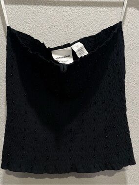 Michael Simon New York Black Smocked Beaded Top Luxe Textured Stretch Large Y2K